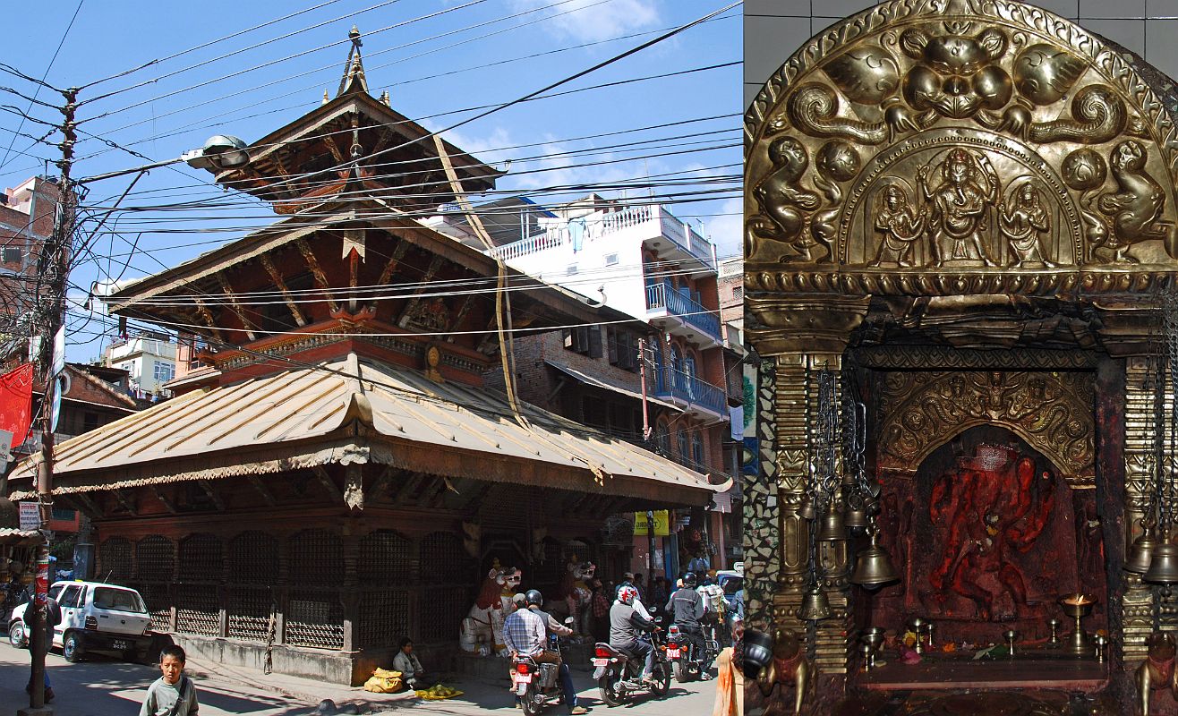 Kathmandu 04 04 Nara Devi Temple and Statue Halfway between Chhetrapati and Durbar Square, most tourists pass by the Nara Devi Temple, dedicated to Kali, Shiva's destructive consort. The temple has three tiers, a golden roof and red and white guardian lions. Inside is a colourful statue of what looks like Ganesh.